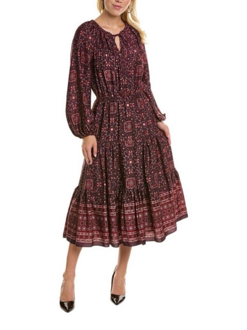 KOBI HALPERIN Andres Boho Tiered Long-Sleeve Midi Dress in Burgundy Floral